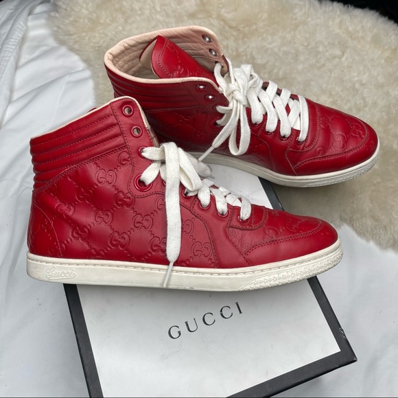 Gucci Red Hibiscus Signature High-top Sneaker Flats sz 8 - Picture 8 of 10